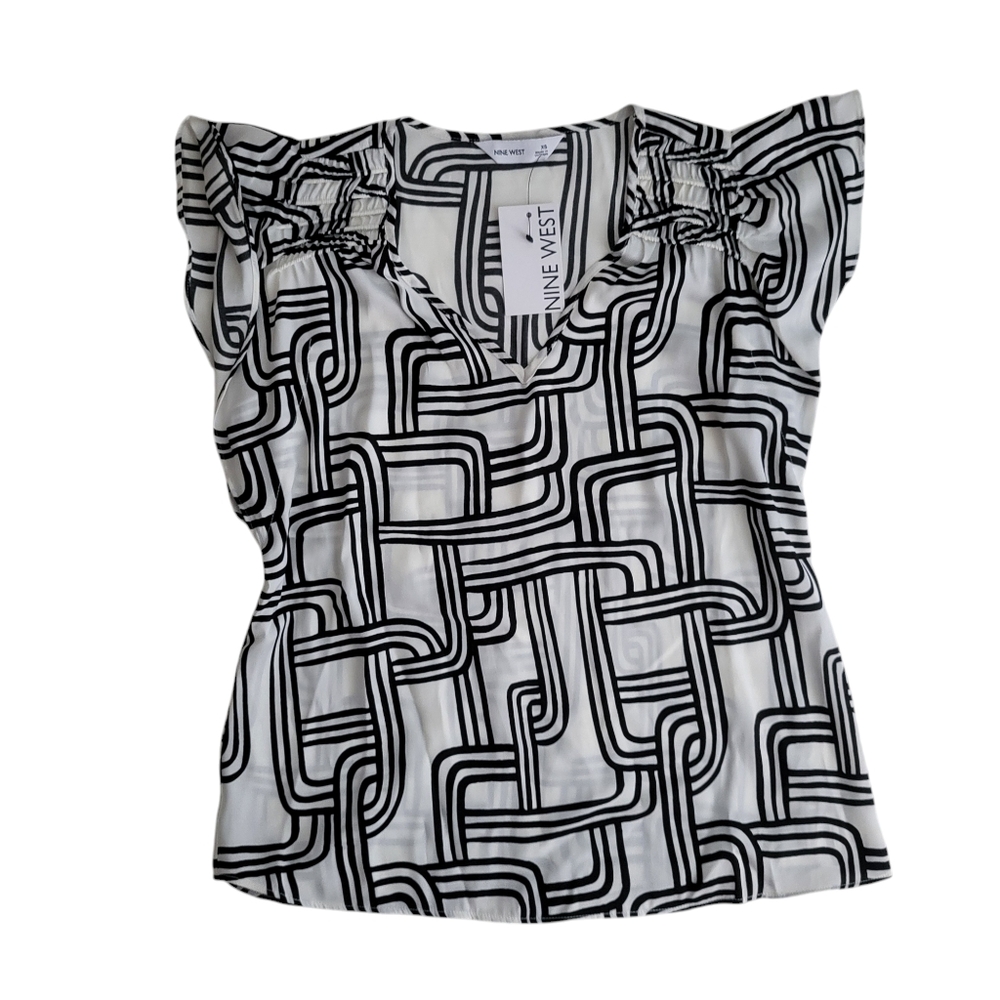 NWT Women's Nine West White/Black Short Sleeve V-Neck Blouse - XS - Picture 1 of 10